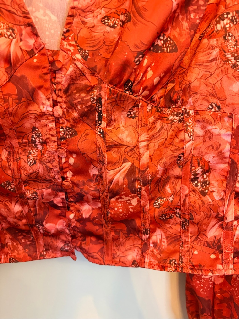Floral Corset Blouse Butterfly Print Puff Sleeve Crop Top Size - Picture 7 of 10